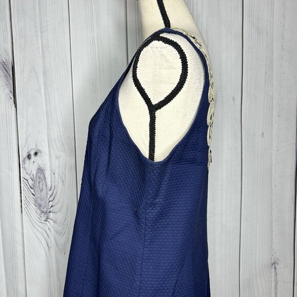 Lilly Pulitzer Suzette Shift Dress Size 12 True Navy Gold Trim Detail V-Neck - Picture 7 of 13